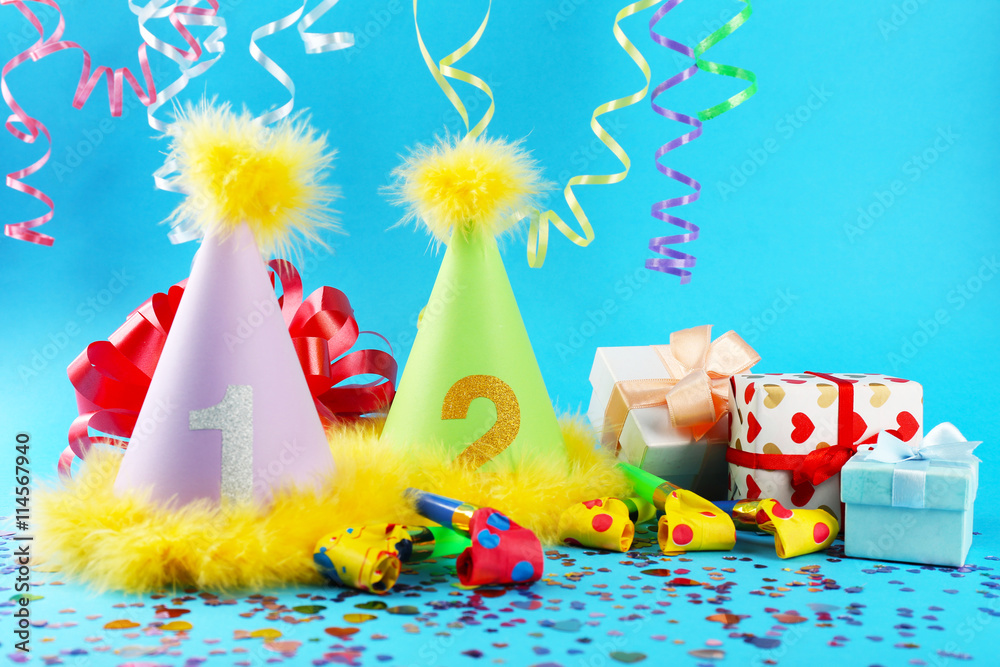 Party hats cone on color background
