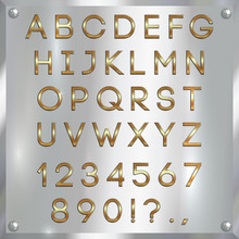 Vector Gold Coated Alphabet Letters, Digits And Punctuation On Silver Background