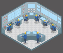 Control Center Room And Working Engineers, Vector Illustration