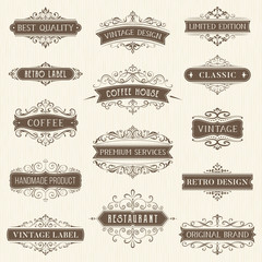 Vector set of ornate calligraphic vintage labels and logo templates. Hotel, restaurant and business identity set.