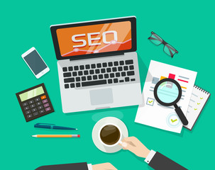 Poster - seo analytics concept on business workdesk vector illustration top view, businessman working on sear