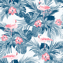 Indigo Tropical Summer Seamless Pattern With Flamingo Birds And Exotic Flowers
