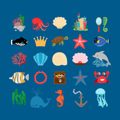 Wall Mural - Underwater set. Marine life and underwater plants, treasure and cartoon ocean animals. Vector illustration