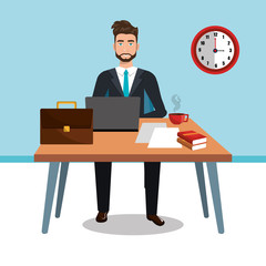 Wall Mural - businessman in workspace isolated icon design, vector illustration  graphic 