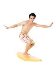 Young man with surfboard isolated on white