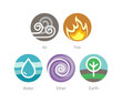 Ayurvedic elements water, fire, air, earth and ether icons isolated on white. Flat colorful vector ayurvedic icons. Elements symbols for ayurvedic infographic and alternative medicine poster.