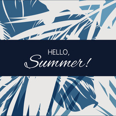 Wall Mural - Blue indigo summer tropical hawaiian background with palm tree leaves and exotic flowers