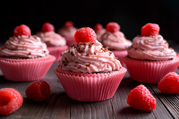 Raspberry cupcakes sprinkled with chocolate on dark background