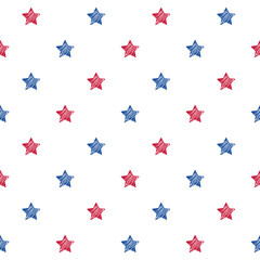 Colorful blue red and white stars seamless background.