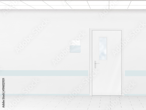 Download Hospital Corridor With Blank Wall Mockup And Door 3d Render Room Sign Mock Up Template On Entry In Ward Medical Hall Interior Sickroom Clear Closed Door Signage Plate Infirmary Light Hallway PSD Mockup Templates