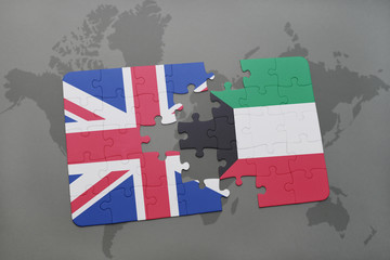 puzzle with the national flag of great britain and kuwait on a world map background.