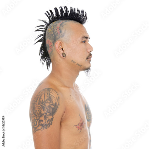 Portrait Of Asian Punk Guy With Mohawk Hair Style Head