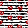 Red hearts, black stripes. Smear brush, white background. Seamless pattern