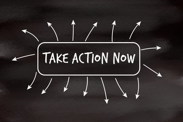 Take action now motivational message written on blackboard