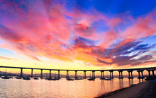 Coronado Island Vibrant Cloudy Sunrise Over Coronado Bridge And San Diego Bay.  San Diego, California USA.