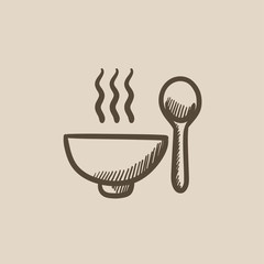 Sticker - Bowl of hot soup with spoon sketch icon.