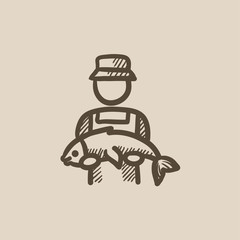 Poster - Fisherman with big fish sketch icon.