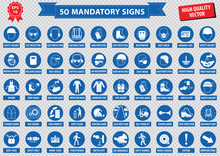 Mandatory Signs, Construction Health, Safety Sign Used In Industrial Applications (safety Helmet, Gloves, Ear Protection, Eye Protection, Foot Protection, Hairnet, Respirator, Mask, Antistatic, Apron)
