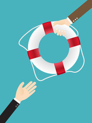 supporter businessman rescue partnership to survive. hand of businessman sending lifebuoy to another. survival to investment