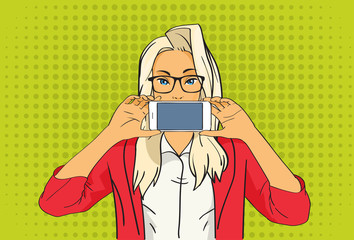 Poster - Pretty Blonde Girl Hold Cell Smart Phone Pop Art Colorful Retro Style