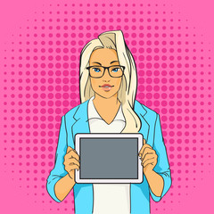 Poster - Pretty Blonde Girl Hold Tablet Computer Pop Art Colorful Retro Style