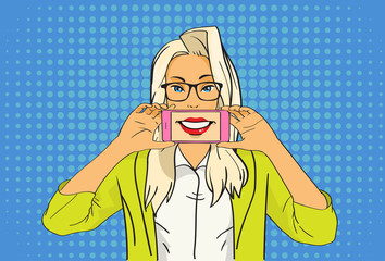 Poster - Pretty Blonde Girl Hold Cell Smart Phone Pop Art Colorful Retro Style