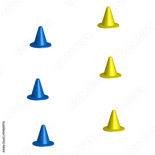 Soccer cones, sport training, yellow and blue type, 3d , vector
