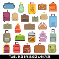 Poster - Travel bags backpacks and cases color vector icons. Bag and case for travel, set of icon luggage and bags. Vector illustration