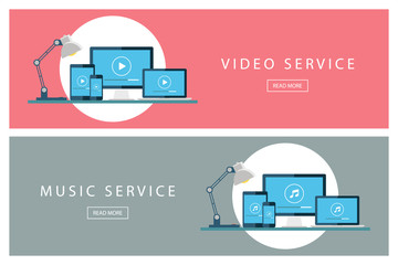 Poster - Set of flat design illustration concepts Video service and Music service. Banners for web design, marketing and promotion. Presentation templates. Vector illustration.