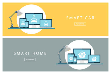 Poster - Set of flat design concepts Smart car and Smart home. Internet of things. Banners for web design, marketing and promotion. Presentation templates. Vector illustration.