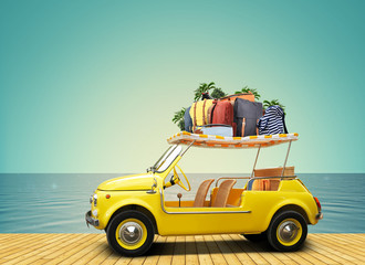 Wall Mural - tourism and travel, a small yellow car with luggage