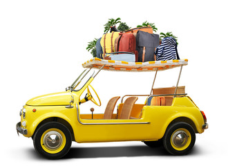 Wall Mural - Tourism and travel, a small yellow car with Luggage