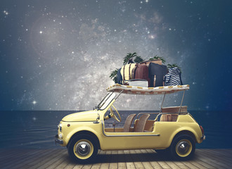 Wall Mural - tourism and travel, a small yellow car with luggage