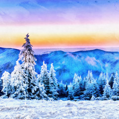 Canvas Print - winter landscape trees in frost. The works in the style of water