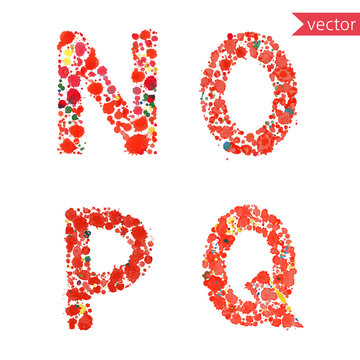 decorative letters N, O, P, Q made from red drops and blots