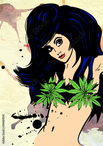 Tapeta ścienna na wymiar Retro woman with cannabis leaf vector image