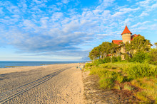 A View Of Leba Beach And Historic Hotel Building On Sand Dune, Baltic Sea, Poland