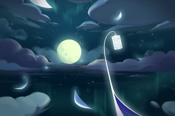 Wall Mural - Video Game Digital CG Artwork Concept Art Illustration Set 5: The Fairy Boats in the Moon Night. Realistic Fantastic Cartoon Style Character, Background, Wallpaper, Story, Card Design