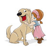 love and tenderness of a little girl with red hair with her dog, a happy golden retriever. She caresses him tenderly. 