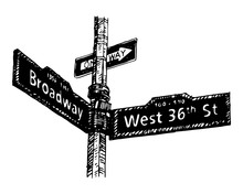 Street Sign On The Corner Of Broadway And West 36th Street In Manhattan, New York City, USA. Sketch By Hand. Vector Illustration. Engraving Style