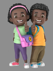 Wall Mural - 3d illustration of cute african american little boy and girl showing thumbs up sign wearing bags