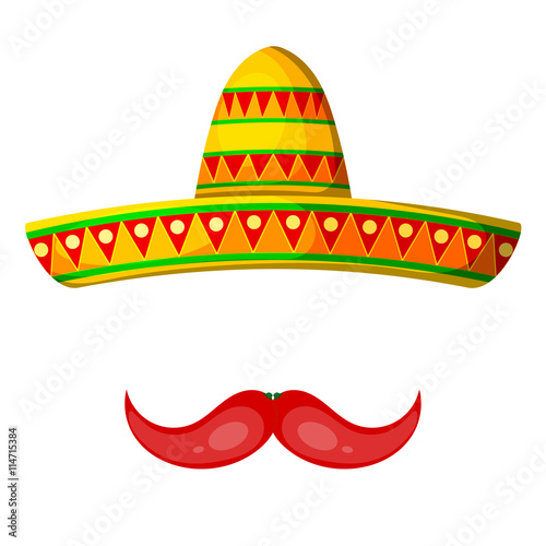 Fotografie, Obraz Colored Cartoon sombrero and pepper mustache on a white backgrou