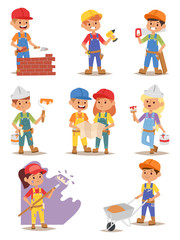 Builders kids carpenter boy builder tools set. Vector characters builders kids, cute child construction. Yellow helmet little person work equipment builders kids. Constructor game fun profession.