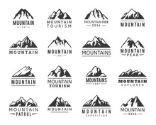 Mountain Vector Icons Set. Set Of Mountain Silhouette Elements. Outdoor Icon Snow Ice Mountain Tops, Decorative Symbols Isolated. Camping Mountain Logo, Travel Labels, Climbing Or Hiking Badges