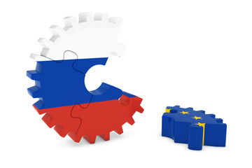 Russia and Europe Relations Concept 3D Cog Flag Puzzle Illustration