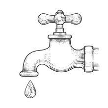 Water Tap With Drop Engraving Style Vector