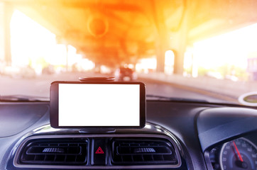 Poster - blank mobile smart phone on road background shallow depth of fie