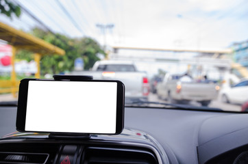 Poster - blank mobile smart phone on road background shallow depth of fie