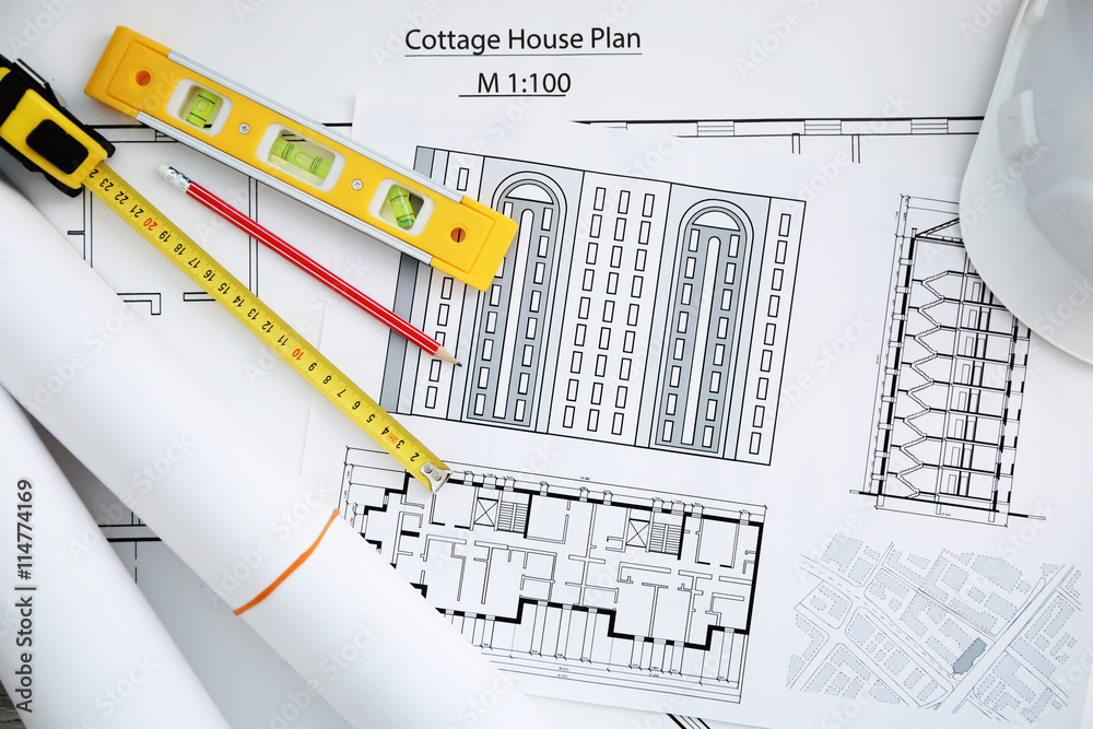 Construction drawings with tools, top view