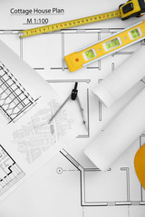 Wall Mural - Construction drawings and engineering tools, top view